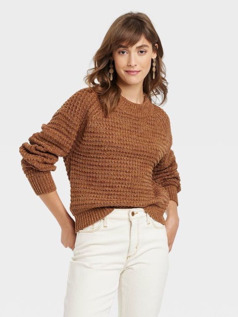Target Brown Marled Textured Knit Crewneck Sweater Cozy Warm Size L NWT